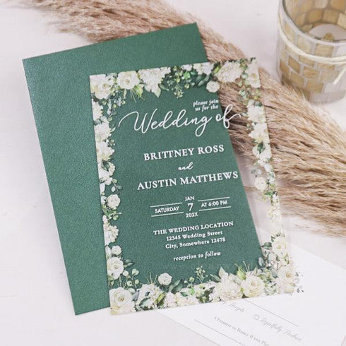 hydrangea elegant white rose floral acrylic wedding invites CWIA104